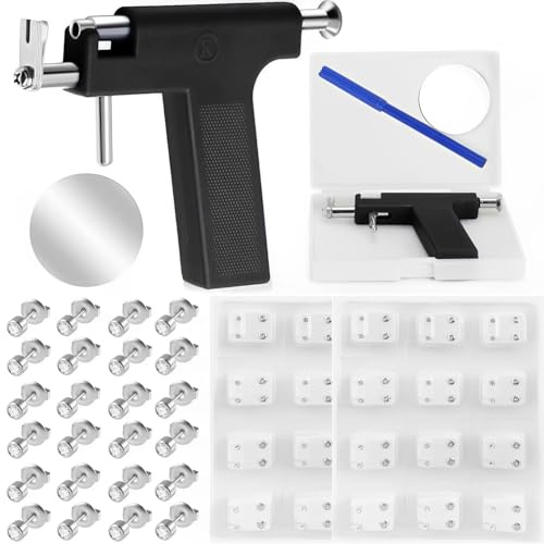CUEMOON Set di pistole per piercing all'orecchio, riutilizzabili, set di orecchini professionali per corpo, naso e labbra, con perni in acciaio inox, asta argentata con 36 pezzi in acciaio inox, Nero