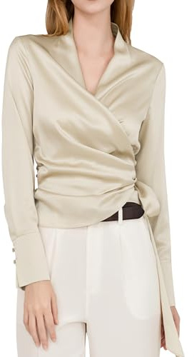 Damen-Wickelbluse aus Satin, V-Ausschnitt, langärmelig, Bindegürtel, elegant, tailliert, cremefarben, Cream, Klein