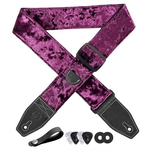 YIKOKO Gitarrengurt 5,1 cm Samt-Gitarrengurte mit Vollnarbenlederende, für Bass-, Elektro- und Akustikgitarren, kostenloser Gurtknopf, 2 Gurtschlösser und 4 Gitarrenplektren
