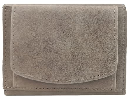 Mini Wallet Damen grau, Reise Portemonnaie, klein, viele Fächer, Oil-Wax-Leder, RFID Blocker, Münzfach | Geldbeutel Portmonee Damengeldbörse Damenportemonnaie Damengeldbeutel Damenportmonee Geldtasche