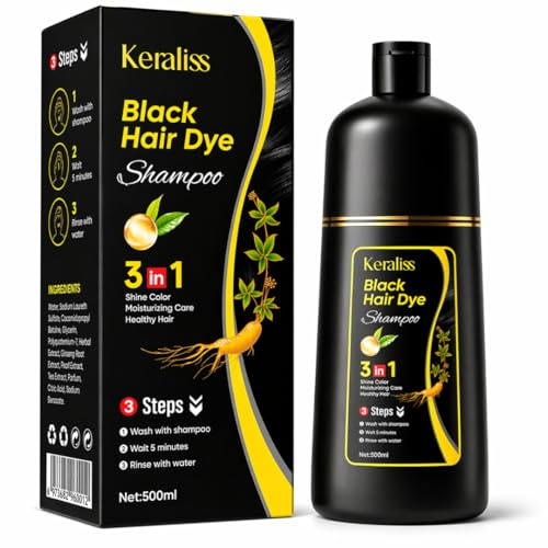 Keraliss Shampoo Colorante Nero 3 in 1, Tintura per Capelli con Formula Nutriente, 500ml