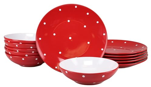 CreaTable, 24593, Serie Polka Dots Rot-Weiss, 12-teiliges Geschirrset für 6 Personen, Tafelservice aus Steinzeug, spülmaschinen- und mikrowellengeeignet, Qualitätsproduktion