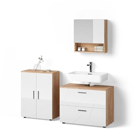 Livinity Badmöbel-Set Ronco Weiß Hochglanz/Goldkraft Eiche | 3 Teile, mit Unterschrank 80 cm
