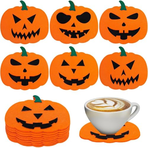 Hrlace Pack of 6 Halloween Pumpkin Coasters, Felt Drink Cups, Handmade Knitted Coasters Set, Absorbent Mats, Orange/Black, Pumpkin Shape Cup Mats, Table Decorations for Home, Office