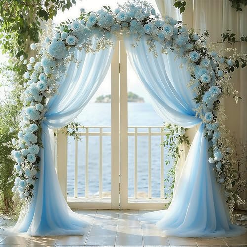 BSTDAYEVER Querbehang Freihanddeko Vorhang Hochzeitsbogen Gardinen Organza | 1.6x8m Hellblau Traubogen Deko Himmelbett Hochzeit Vorhänge Stoff Kulissenvorhänge für Hochzeiten Fotografie Party Zeremonie