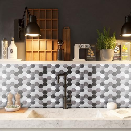 Panneau Mural Salle de Bain Pvc Hexagon Noir Gris Dalle Pvc Adhesive Murale Credence Adhesive pour Cuisine Imperméable Crédence Adhésive Salle de Bain 15x30cm/20 Pcs
