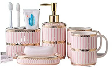 Seifenspender Badezimmer-Accessoires, Hotel-Dekoration, Set, Elegantes Porzellan-Set inklusive Zahnbürstenhalter, Becher und Seife usw Deko(Pink)