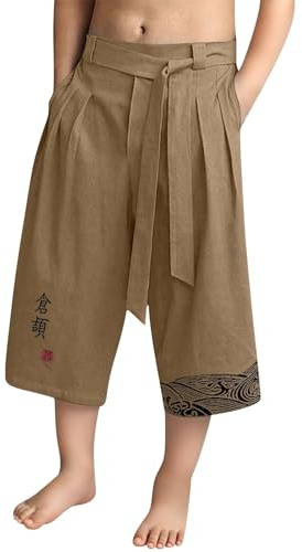 Pantalon Japonais Enfant Kurakuco Traditionnel Vêtements Grande Taille Lin Pantalon Court Kimono Léger et Ample Pantacourt Décontracté Baggy 3/4 Pantalons pour Garçon