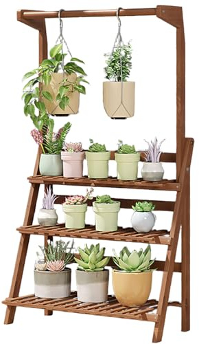 ASerZenith Hanging Plant Stand Indoor Outdoor - 3 Tiers Folding Wood Plants Shelf for Multiple Flower Planter Holder Large Rack for Window Garden Balcony Patio Porch Livin（Walnut-70cm/27.6）