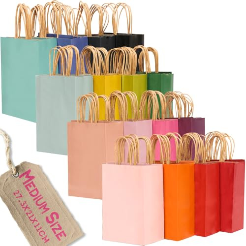 Gcardist 100 Stück Mittlere-Geschenktüten aus Papier mit Henkeln–10.6×8.3×4.3 Party-Tüten aus Kraftpapier – 16 einfarbige Farben