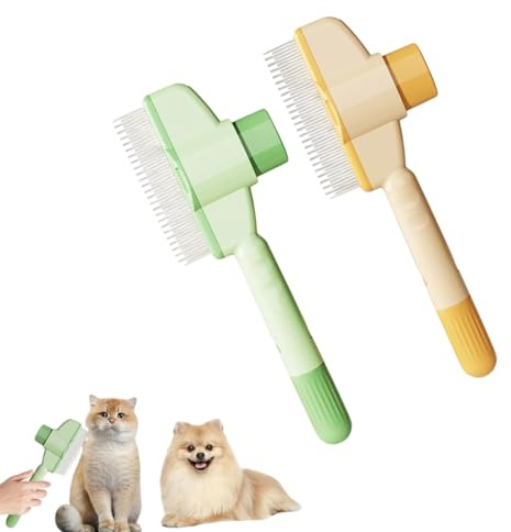 Fellblitz Bürste Katze, Katzenbürste Unterfell mit Auslöseknopf, Flohkamm Katzenkamm für Kurzhaar Langhaar (Yellow+Green)