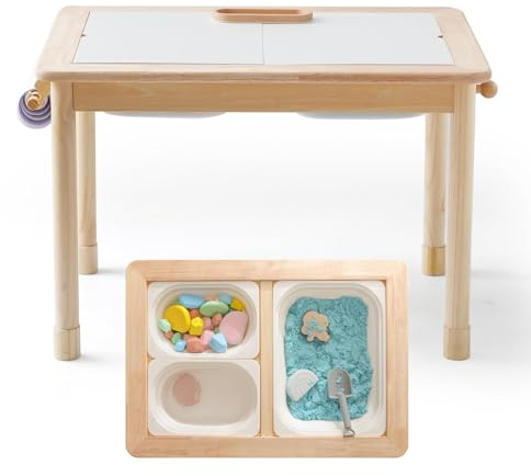 let's make Spieltisch Kinder mit Zeichenpapier, Holz Kindertisch mit Stauraum Höhenverstellbar 3 Faltbare Aufbewahrungskästen, Wendbare Tischplatte, Sandspieltisch ab 3 Jahren