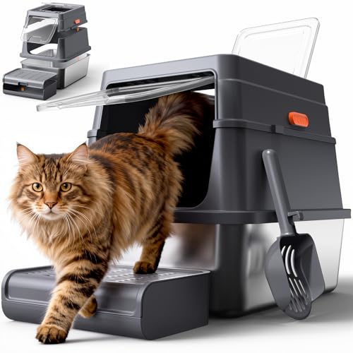 Powools Cat Litter Box - Stainless Steel Litter Box with Lid for Kitty, Metal Base Enclosed Cat Box with Litter Scoop, Elevated Step Box, Activated-Carbon Pack, 17.1 x 13.2 x 15, Grey