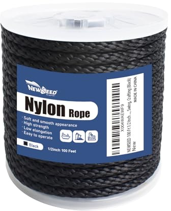 NEWSEED 100 Ft 1/2 Inch Nylon Rope – Multipurpose Heavy Duty Utility Rope for Indoor & Outdoor Use, Strong and Abrasion Perfect for Clothesline, Camping Hiking, Flag Line, Swing, Crafting (Black)