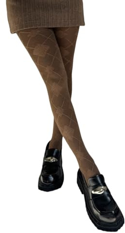 AMISENK Medias de algodón con patrón de rombos vintage para mujer, leggings transpirables para invierno y otoño, color sólido, opacas, medias estampadas para mujer, café, Talla única