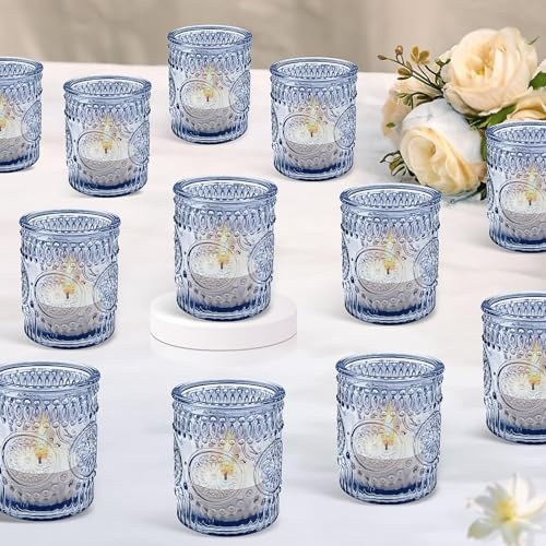 24Pcs Glass Tea Light Candle Holders, 6.9x5.7cm, Blue | Vintage Candle Jar, Coloured Tealight Holders for Indoor, Outdoor, Garden, Dinner, Church, Weddings