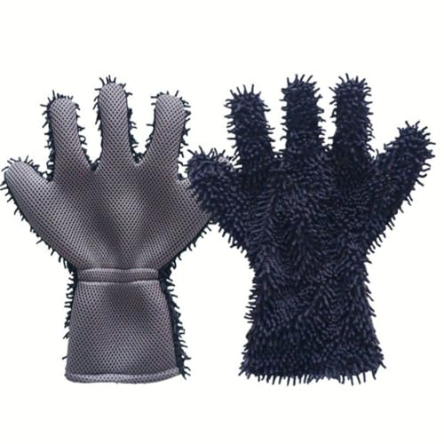 SENRISE 1 Pair Car Wash Gloves Finger, Car Wash Mitt 5 Fingers Cleaning Gloves for Wheels Cleaning, Household Cleaning, Dust Removal (Black + Grey)