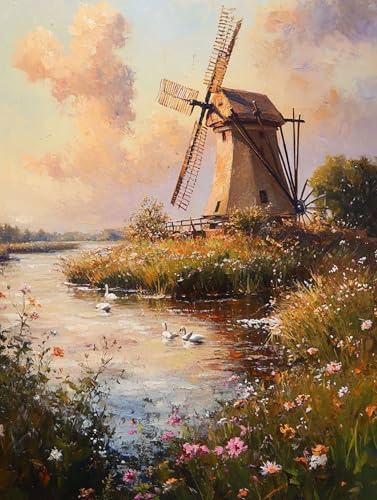 Paint by Numbers for Adults Landscape, Windmill Paint by Numbers Kits for Adults Beginner DIY Craft Oil Painting Art Kits with 3 Brushes, Acrylic Pigment Drawing for Room Decor, (8x12in), Model 1332
