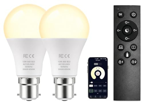 AILEMING B22 A60 LED Light Bulb 12W Equivalent 100W Incandescent Lamp 2.4GHz Remote Control Light Bulbs 3000-6500K Dimmable for Home Decor, 2 Bulbs with Remote