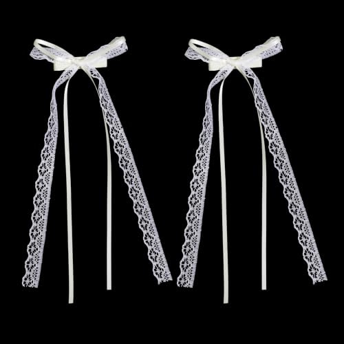 2Pcs White Lace Hair Bows with Long Tail, Coquette Lace Bow Hair Clips for Women, Elegant Ribbon Bow Barrettes Alligator Clip, Wedding Bridal Hairs Accessories for Girls Teens Daily Wear Party Decor