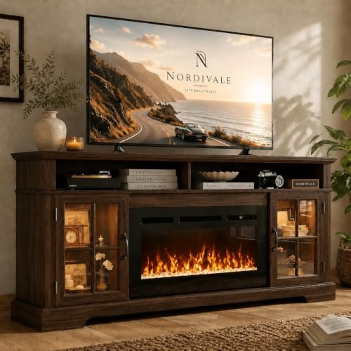Nordivale 70 Electrical Fireplace TV Stand, Modern Entertainment Center for TVs, TV Console with Storage Cabinets, Media Console for Living Room, Brown TV Stand and Black Fireplace