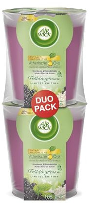 Air Wick Wohlfühl-Duftkerze DUO im Glas – Duft: Brombeere und Holunderblüte – Je bis zu 20 Stunden Brenndauer – Enthält natürliche ätherische Öle – 2 x 105 g Duftkerze in Lila