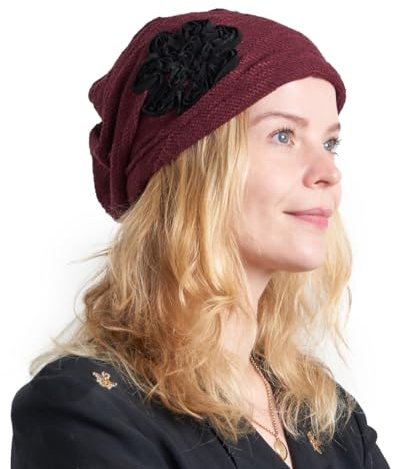 Bonnet Tombant pour Dames avec Décoration Fleur, Béret Watch Tricoté 100% Coton, Chapeau Femme Chic Élégant en Style Basque, Tous Saison Casquette Slouchy Tombant Chapeau Fleuri Bourgogne