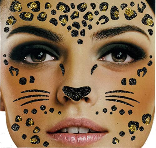 Brandsseller Gesichts-Tattoo Glitzer Leopard - Aufkleber Set Klebetattoos Temporäre Tattoos Halloween/Karneval Schwarz/Gold