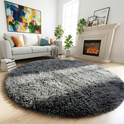 Amdrebio Flauschiger Zottelteppich, 122 cm, für Wohnzimmer, Schlafzimmer und Kinderzimmer, ästhetisch, weicher Plüsch-Teppich für Zuhause, Büro und Kinderzimmer, Grau