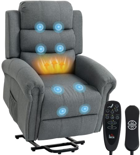 HOMCOM Fauteuil Releveur Électrique avec Massage Chauffage Ports USB Gris | Fauteuil Relax Électrique, Dossier Inclinable, Repose-Pied, Télécommandes, Poche Latérale, Tissu en Lin