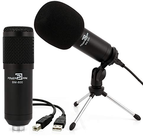 Powerpak BM-800 - Microfono a condensatore USB con supporto da scrivania per gaming, registrazione e streaming, senza driver, plug and play, colore nero (BM-800 USB + supporto da scrivania)