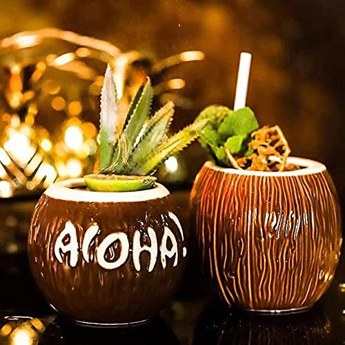 XJKJ Lot de 2 tasses Tiki en céramique pour cocktail, fête hawaïenne, verres à cocktail exotiques Tiki Bar professionnel Hawaii Party Barware