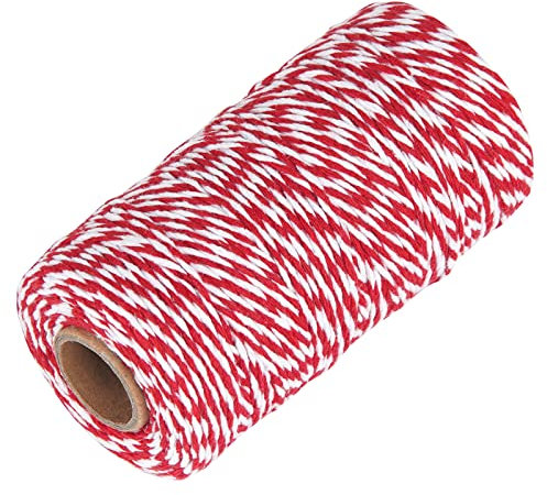 Ohtomber - Cordel de algodón natural para manualidades, 328 pies, 2 mm, color rojo y blanco, para envolver regalos de jardín, cocina, carniceros, cuerda para carne y asar