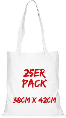 TEXXILLA Baumwolltasche - 25er Pack | Weiß | mit Zwei Langen Henkeln | 38x42cm | Jutebeutel | Einkaufstasche | unbedruckt