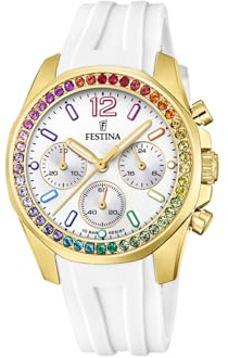 Festina Damen Uhr Analog Kautschuk Weiß - Quarz Chronograph - Mineralglas hochresistent - 10 ATM wasserdicht F20650/2 - Boyfriend Collection