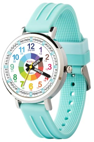 Kiddus Lernuhr Kinder, Analoge Armbanduhr ab 5 Jahren, Jungen Mädchen | Erste Lern-Armbanduhr, Türkis, 5ATM wasserdicht, klassische Zeiger und große Zahlen
