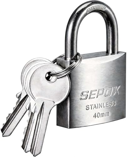 SEPOX® Cadenas à clé extérieur professionnel résistant aux intempéries, anse en acier inoxydable SUS304 et corps de serrure 40mm, 1cadenas avec 2 mêmes clés, pour Marine, Industriel, Jardin