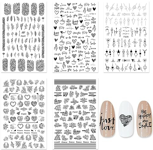 Nagelsticker Selbstklebend, 5 Blatt Nagel Aufkleber Blumen Nagelsticker Abstrakt 3D Schwarz Nagelaufkleber DIY Maniküre Dekoration, Nagelkunst Sticker Set für Frauen DIY Nail Art Dekoration