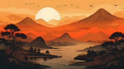 adrium Acryl-Bild 130 x 70 cm: Berglandschaft mit See und Wald bei Sonnenuntergang. Vektorillustration. (206095082)