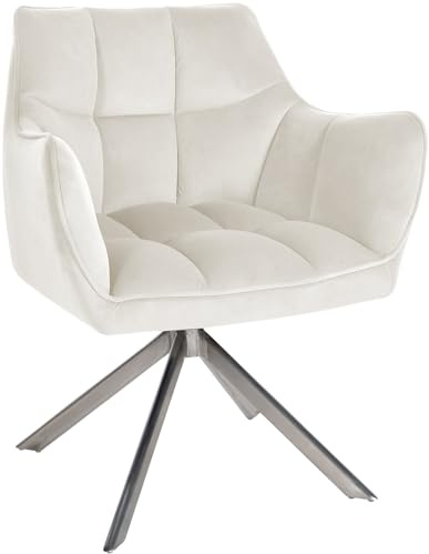 CLP Esszimmerstuhl drehbar Swing, Küchenstuhl mit Armlehnen und Rückstellfunktion, moderner Polsterstuhl, Bodenschoner, bis 150 kg - Farbe Creme Gestell Farbe Edelstahl