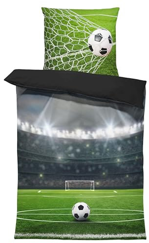 Bettwäsche 135x200 cm Mikrofaser Bettbezug Kinderbettwäsche Fotodruck modern weich und kuschelig knitterfrei für Sommer und Winter geeignet, Farbe:Fußball Stadion grün, Größe:2 teilig 135x200 cm