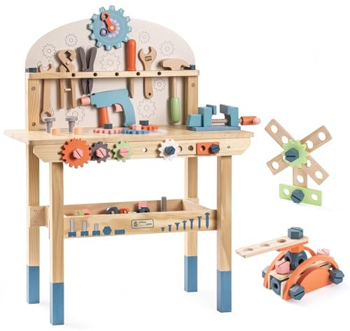 ROBUD Werkbank für Kinder aus Holz, Werkzeugbank Set, Rollenspiel für Kinder, Holz, Geschenk für Mädchen und Jungen ab 3 Jahren