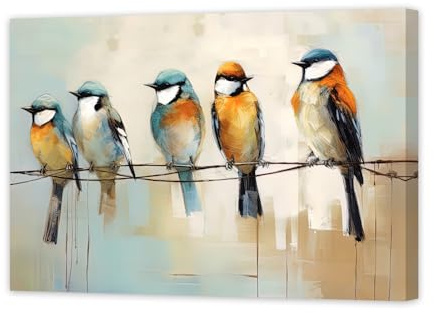 ZXHYWYM Vogel Wandbilder bunte Vögel die auf Draht stehen Leinwanddruck abstraktes Tier Kunstwerk für Bauernhaus Heim und Raumdekoration mit Rahmen (C (30.00 x 45.00 cms))