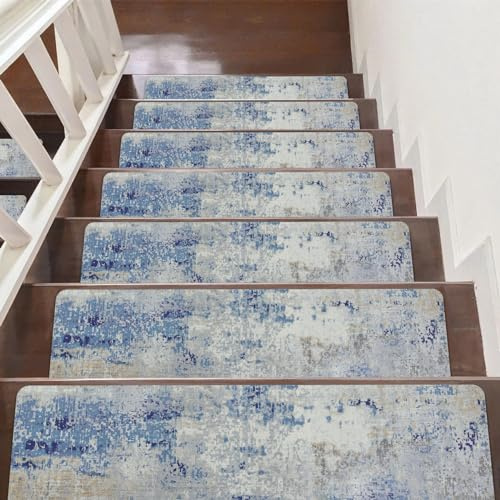 Tiveney Non Slip Stair Treads - 15 Pcs 8x30 Navy Rubber Backed Stair Runner Mats, Washable Reusable Carpet for Indoor Safety