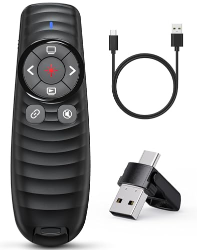 Presentation Clicker Wireless, 2-in-1 USB/Type C Rechargeable Presenter Remote Control for PowerPoint, PPT Clicker Red Laser Pointer, Slide Advancer RF2.4GHz (Red Light, USB C Rechargeable)