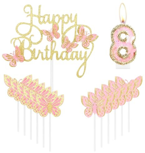 Happy Schmetterling Kerzen Cupcake Topper Rosa Gold Zahl 8 für Kuchen Mädchen Geburtstag Dekorationen