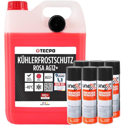 TECPO 6X Bremsenreiniger, 500ml + Kühlerfrostschutz rosa G12, 5 Liter + Kühlmittel -40°C