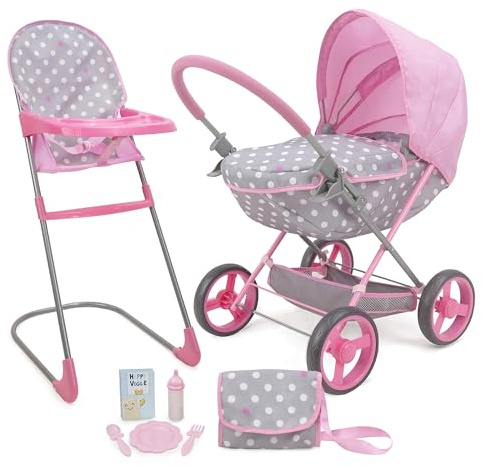 509 Crew Doll Pram n Feed 8 Piece Combo Play Set, Classic Doll Pram, Doll High Chair, Diaper Bag, 5 Piece Feeding Toys, for Dolls 46cm, Pretend Play for Kids Ages 3+