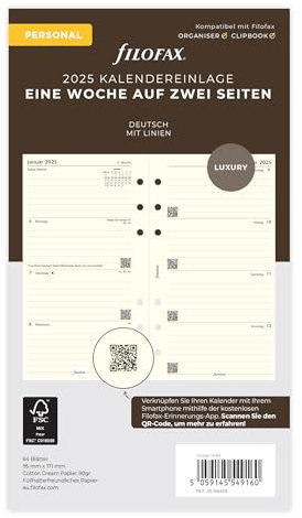 Filofax Personal 1 Woche auf 2 Seiten cotton cr.(deutsch)2025