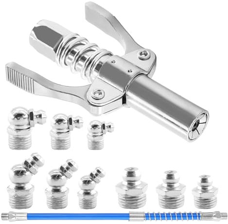 TOKSEO Fettpresse Mundstück, 10000 PSI Doppelgriff G Coupler für Fettpresse Kupplung mit 40cm Fettpresse Schlauch, 9 Schmiernippel M6,M8,M10 für Alle Arten Von Fettpressen